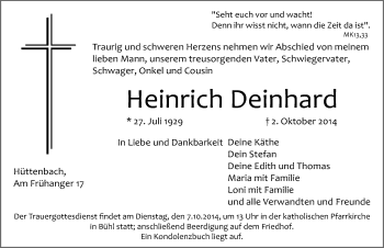 Traueranzeige von Heinrich Deinhard von Pegnitz-Zeitung
